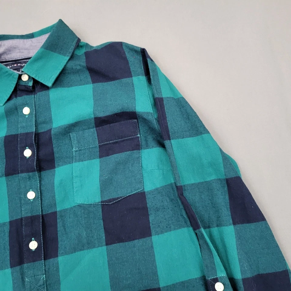 Blusa Tommy Hilfiger para mujer M larga manga enrollable botón frontal a cuadros verde * Foto 3 de 4