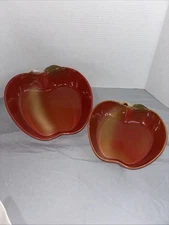 Set of 2 Vintage APPLE SHAPE Red Stoneware NESTING Baking Dishes / Serving Bowls
