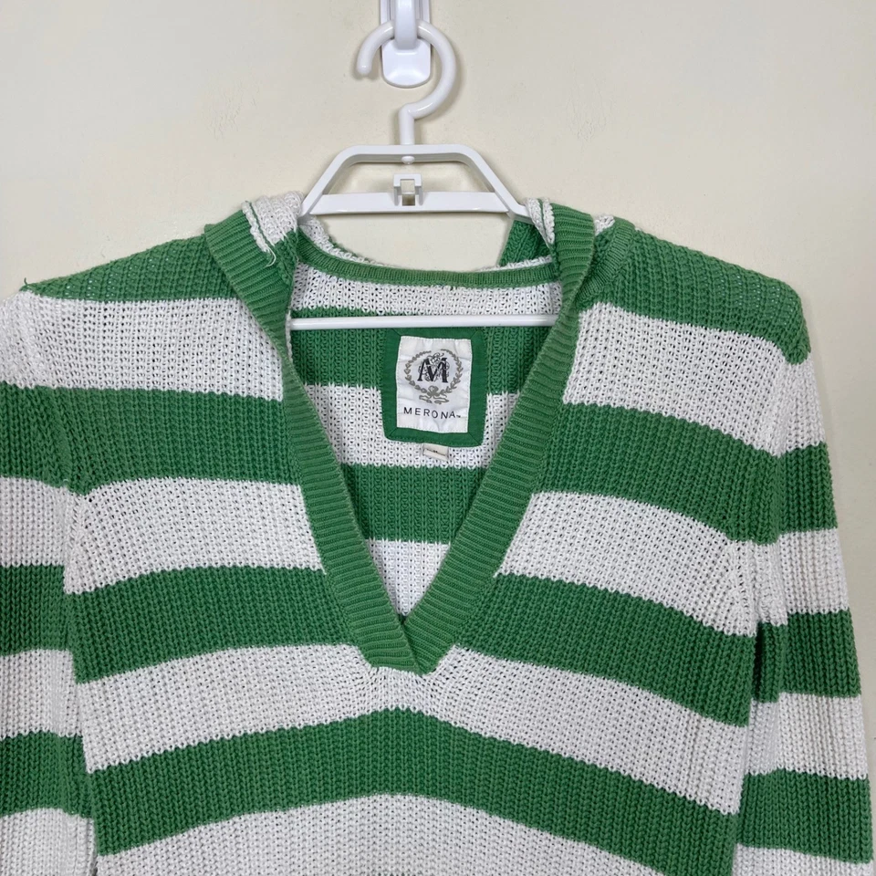 Suéter Tejido Vintage Merona Verde Blanco Rayas M Con Capucha Cuello en V Y2K Bella Swan Foto 3 de 4