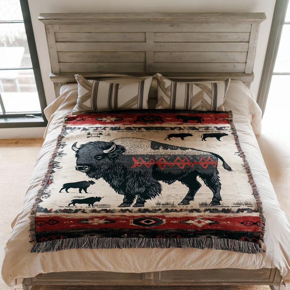Vintage Buffalo Southwestern Bison Woven Blanket Cozy Animal Home Decor Gift - Image 2 of 4