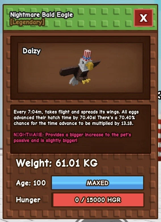 ROBLOX CORPORATION Nightmare Huge Bald Eagle 60Kg - Grow A Garden - Fast Delivery!