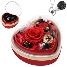 Preserved Real Rose with I Love You Necklace in Heart Shaped Box, for Women H...