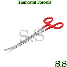 RED Vinyl Grip Handle Stainless Hemostat Forceps Curved Serrated 8"