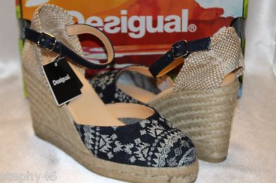 NEW! NIB DESIGUAL Azul Tinta SABADO Denim Canvas Wedge Espadrille