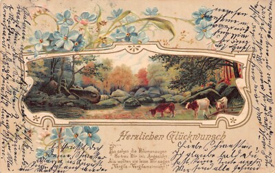Passepartout 1901 Good Luck Forget-me-not Cows in Forest embossed postcard