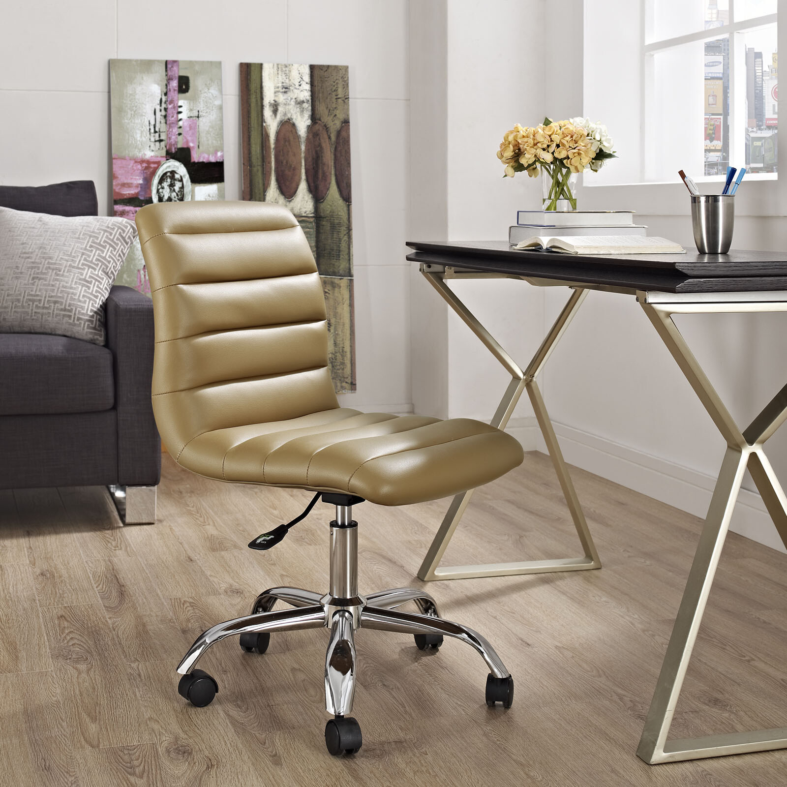 Ripple Armless Mid Back Vinyl Office Chair - Tan
