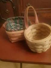 2 Longaberger Mini Wall Baskets  Round & Square Leather Hanger Signed 2003 &1992