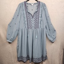 Womens Babydoll Dress Medium Blue Embroidered Mini Peasant Hippie Retro Academia