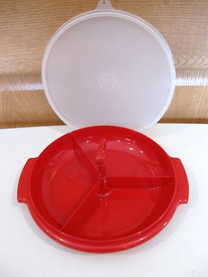 TUPPERWARE vintage suzette serving/relish red divided dish w/handle & sheer lid 