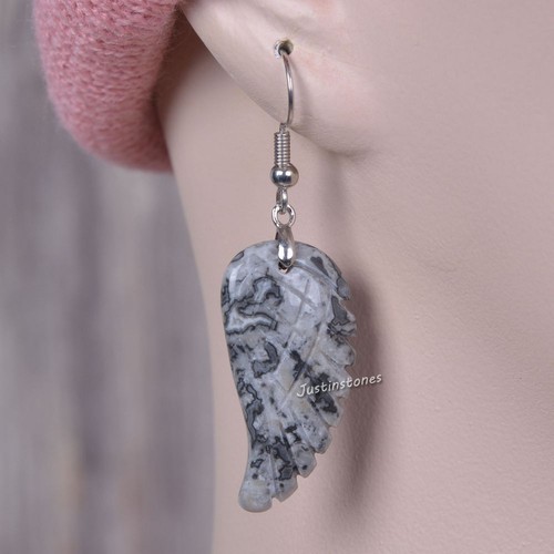 30mm Carved Rock Gemstone Crystal Angel Wing Healing Handmade Dangle Earrings - Picture 55 of 133