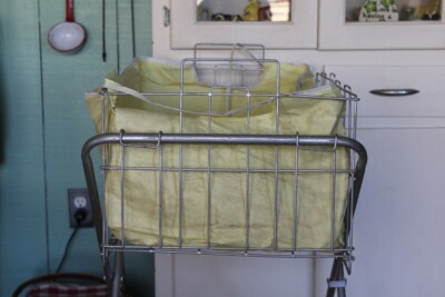 Vintage Rolling Laundry Cart with Yellow Liner, Yellow Wheels