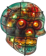 Kurt Adler HW1704 10-Light Halloween Capiz Painted Skull 10"