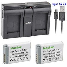 Kastar 2 Battery  Dual Slim USB Charger for Canon NB-13L NB13L CB-2LH