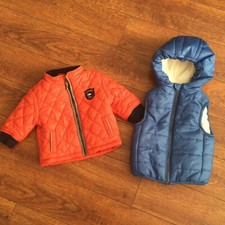 Lot of 2 Baby Boy Orange Jacket Blue Vest Very Warm for Winter sz 0-3M