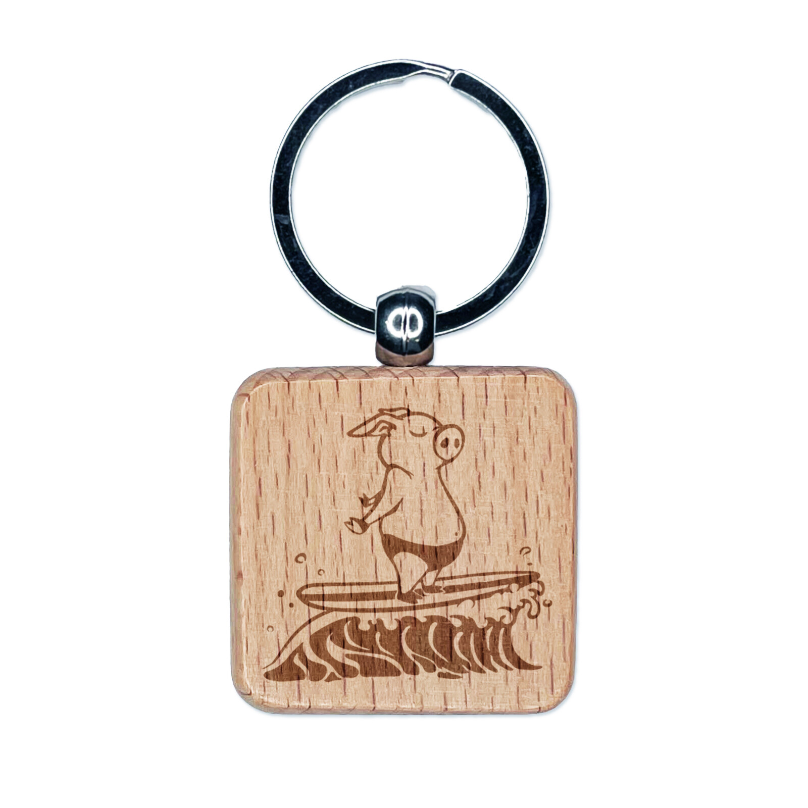 Peaceful Zen Surfer Pig Engraved Wood Square Keychain Tag Charm