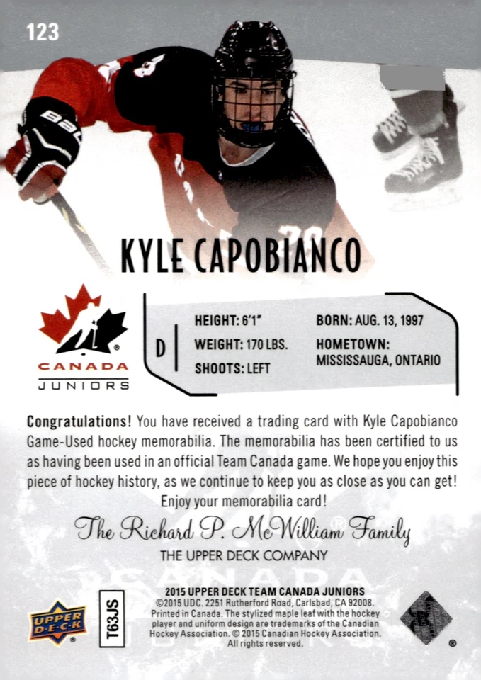 Kyle Capobianco - 2015 Upper Deck Team Canada Juniors Jersey Card #123 - Image 2 of 2