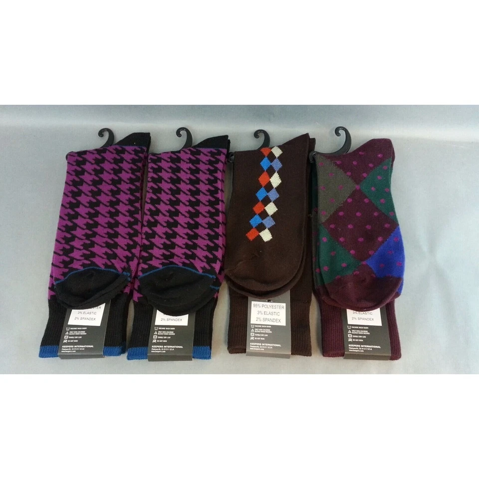 Nuevo con etiquetas Lote de 4 Pares Conjunto Florsheim Hombres Calcetines Preppy Divertidos Púrpura Negro Marrón Foto 4 de 4