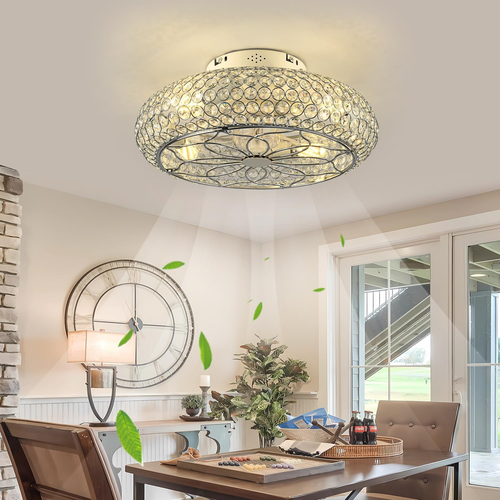 Caged Crystal Ceiling Fans with Lights and Remote,20" Flush Mount Low Profile Ce - Picture 2 of 9