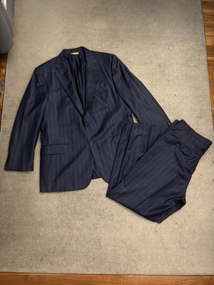 Hickey Freeman Traveler Suit Jacket & Pants Luxury Wool Navy Blue 44 R