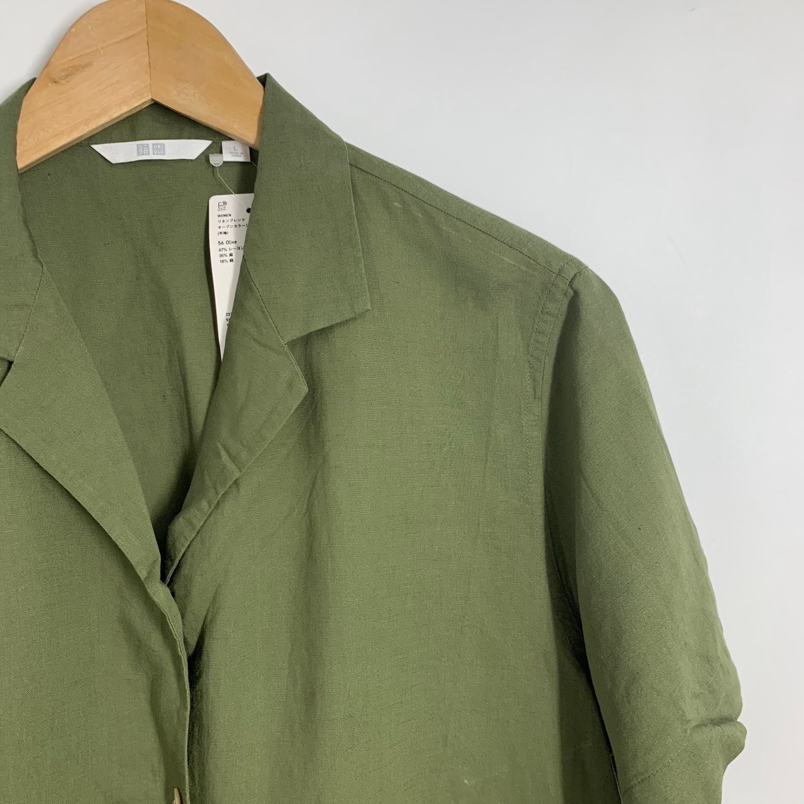 Uniqlo Womens Linen Blend Open Collar Short Sleeve Shirt Olive Green Size L NWT thumbnail 5