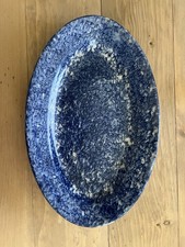 Antique 19th Century Blue Spongeware Platter Oval Sponge Ware 11.5? x 7.5?