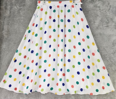 Chaus Skirt Womens 10 White Multicolor Polka Dot Midi A Line Vintage Style 90s
