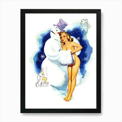 Großer Schneemann wärmt sich auf Pinup Gir gerahmtes Wandbild Poster Leinwanddruck Bild