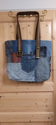 Upcycled Denim Patchwork Tote Bag Large Handmade Boho Shopper OOAK