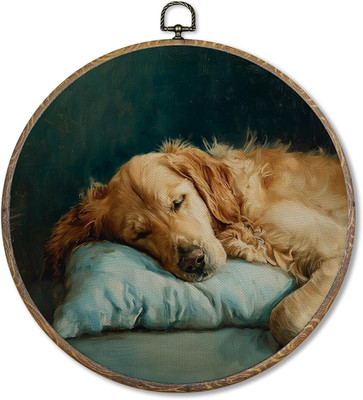 Vintage Golden Retriever Round Wall Art Decor Framed, Golden Retriever Gifts for