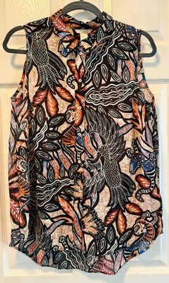 H&M Sleeveless Button Down Top Tribal Bird Animal Print Semi-Sheer Blouse -Sz 10
