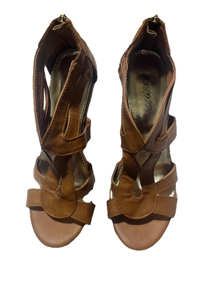 Sandálias tamanho 6.5 tamanho 6 1/2 marrom salto de cortiça cunha peep toe zíper traseiro mascotes - Imagem 3 de 4