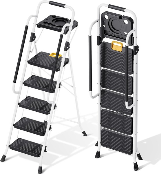 Kingrack Trittleiter 5 Stufen Klappbar Handlauf Werkzeugablage 360Kg Weiß-image