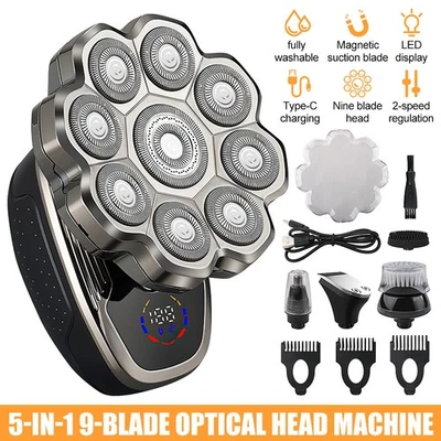 9D Bald Head Shavers 5 in1 Cordless Electric Shaver Wet Dry Rotary Razor for Men