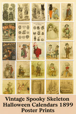 Vintage Spooky Skeleton Halloween Calendars 1899 Poster Print Wall Art Decor