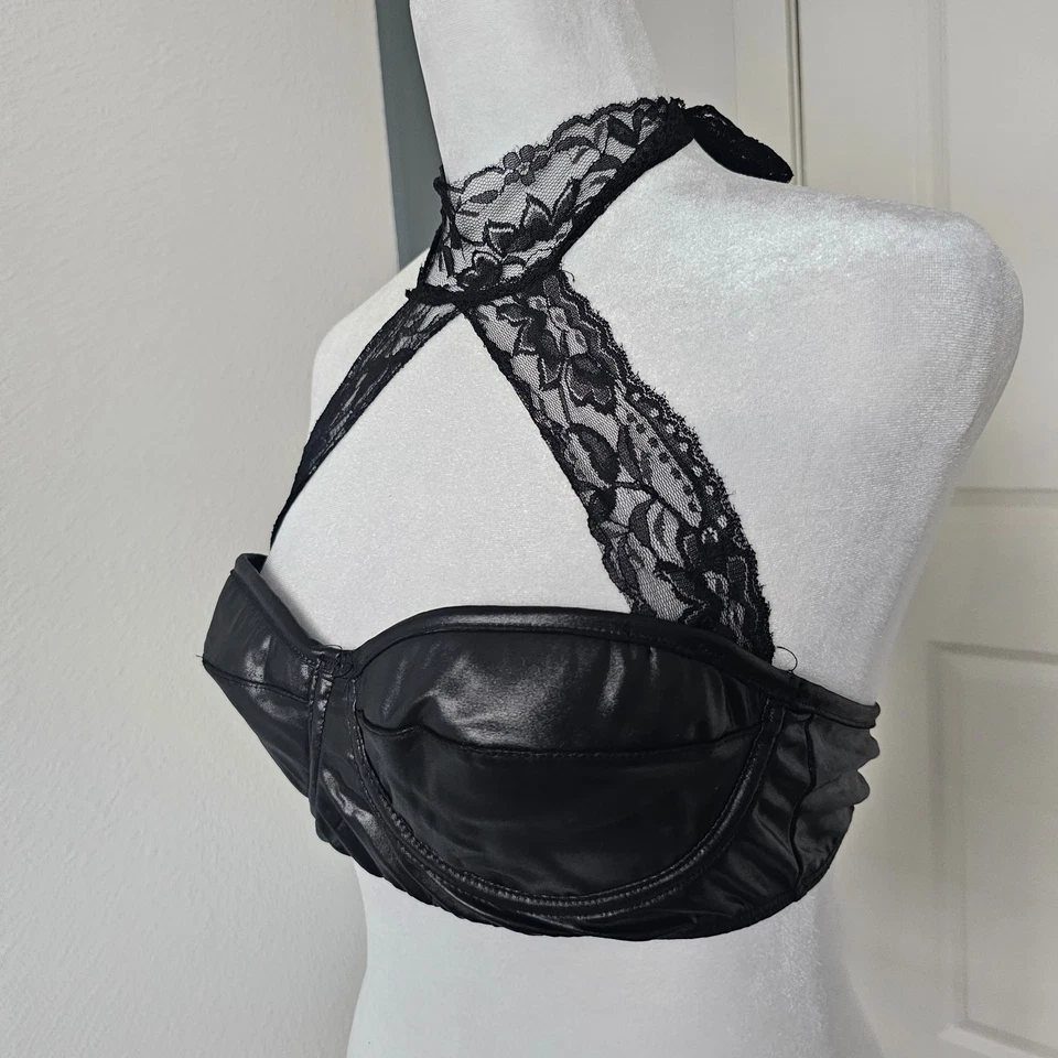 Top bustier halter de encaje de imitación de cuero negro sin marca S/M gótico sexy festival Foto 2 de 4