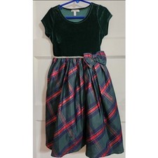 NEW Green Red Plaid and Velvet TAHARI Short Sleeved Dress Girls Size 6