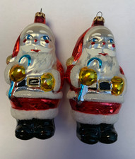 2 Vintage Blown Glass Santa Holding Candy Cane Christmas Ornament Columbia
