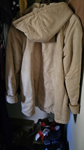 Cappotto donna Liz Claiborne abbottonato taglia L pelliccia KHAKI marrone chiaro FAUX CAPPUCCIO DESIGNER - Foto 6 di 8