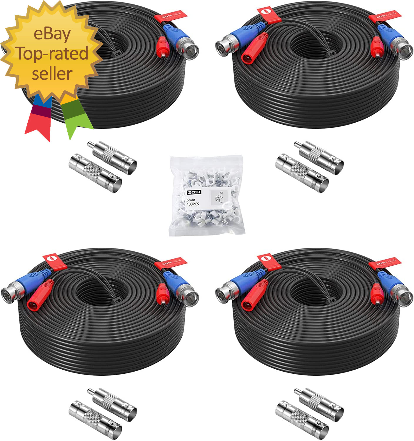 4 Pack 100Ft(30M) All-In-One Video Power Cables,Bnc Extension Security Camera