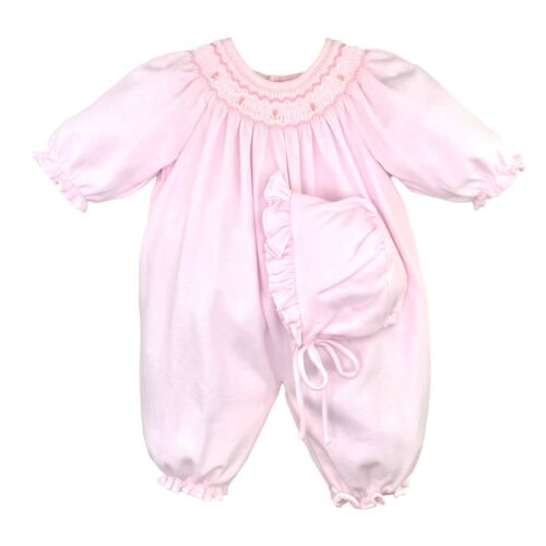 NWT Petit Ami Pink Smocked KNIT Convertible Newborn Gown Romper Hat Baby Girls 0 - Picture 2 of 3