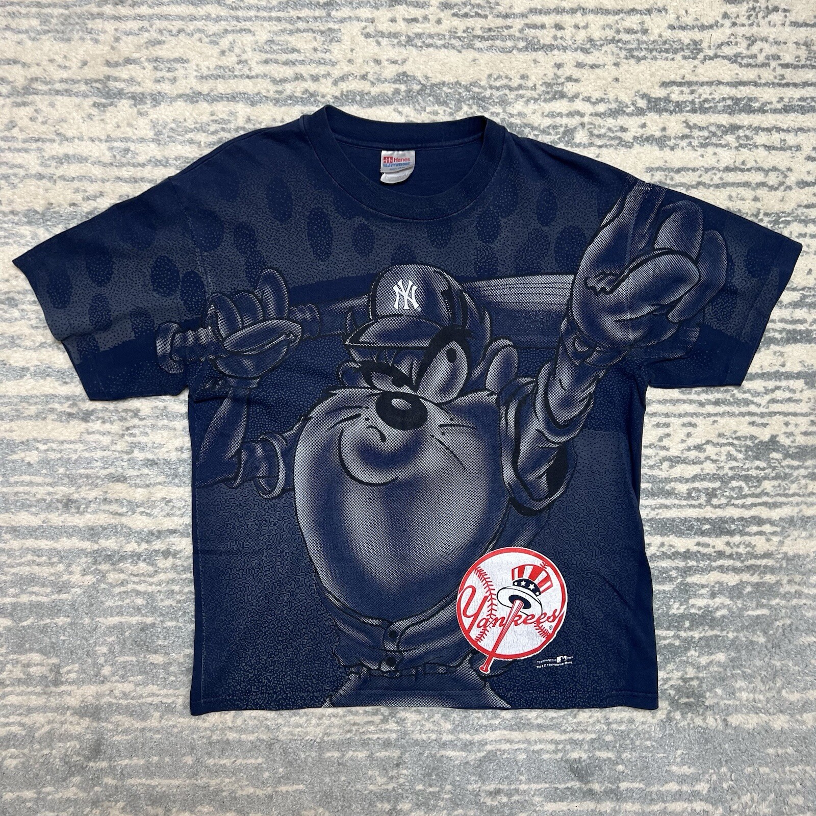 Vtg 1997 NEW YORK YANKEES Taz Devil MLB shirt L Blue Rare
