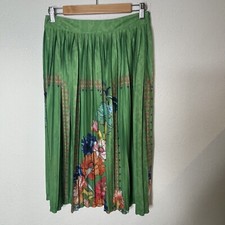 Farm Rio Floral Pleated Midi Skirt Size M Green Lightweight Side Zip Semi Sheer