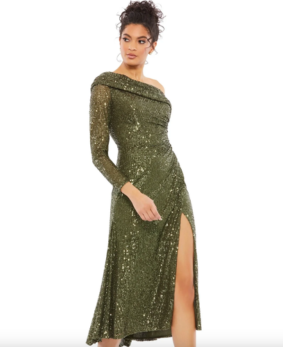 MAC DUGGAL Size: 14 SEQUIN ONE-SHOULDER LONG SLEEVE OLIVE MIDI DRESS 26551 - Picture 5 of 7