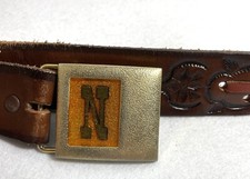 Vintage Brass  N  Belt Buckle with Hand Tooled Leather Belt Size 40