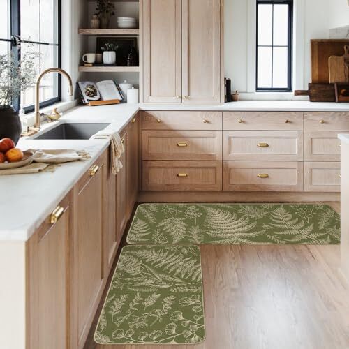Green Leaves Spring Kitchen Mats Set of 2, Floral Kitchen Rugs and