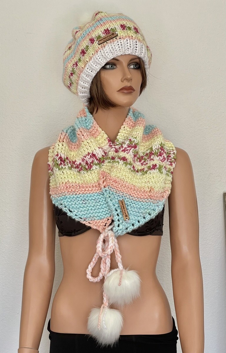 Hand Knits 2 Love Set Hat & Scarf Slouch Beanie Neck warmer 