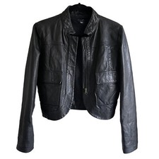 Max&co By Max Mara Black Leather Mock Neck Full Zip Jacket Pockets Women Sz 6