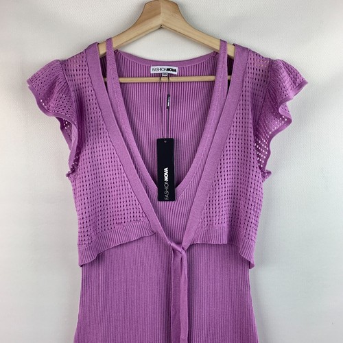 Moda Vestido Nova Emily Tejido Acanalado Cuello en V Manga Corta Pullover Abertura Talla M NUEVO - Imagen 3 de 10