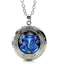 Silvertone Lord Ganesh Ganesha Locket Pendant Necklace 24" Stainless Steel Chain