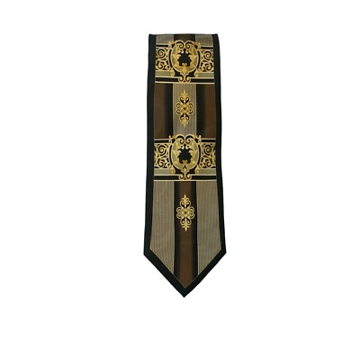 BERGAMO NEW YORK MENS TIE BROWN TAN BEIGE GOLD CREST HANDMADE 100% PURE SILK